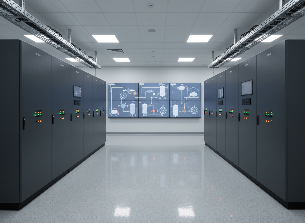 A sophisticated industrial control room with a central row of sleek grey control cabinets and PLC panels, each door closed but dotted with tiny status LEDs in green, amber, and red. Large wall-mounted SCADA screens at the back display clean, high-resolution process diagrams of a chemical plant: tanks, pipelines, and pressure indicators in muted blues and greys. The room is impeccably tidy with polished epoxy flooring and neatly bundled signal cables in cable trays overhead. Cool, even LED ceiling lighting creates a neutral, shadow-free environment, emphasizing precision and order. Photographic realism with a wide-angle, eye-level composition, sharp focus throughout, and a calm, professional mood that conveys reliability and advanced industrial automation.