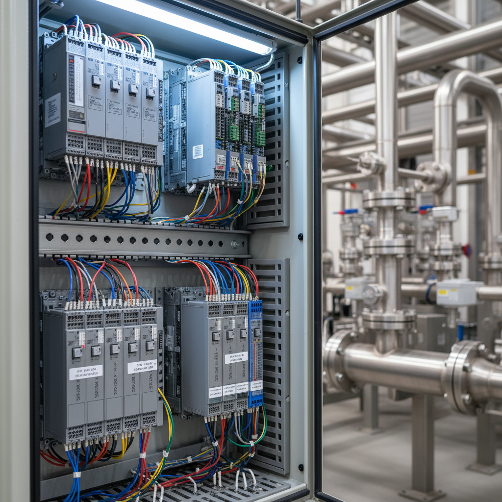 A close-up view of an open industrial PLC cabinet dedicated to a petrochemical plant, revealing meticulously organized rows of grey PLC modules, I/O cards with tiny numbered terminals, and neatly labeled multi-colored wires routed through cable ducts. A metallic DIN rail gleams subtly under cool white LED maintenance lighting from above, casting crisp, controlled shadows that accentuate the structure and order. In the blurred background, hints of stainless-steel process piping and pressure transmitters suggest a larger plant environment. Photographic realism, captured from a slightly angled side perspective with moderate depth of field, highlighting the precision of wiring and hardware. The mood is technical, exacting, and trustworthy, reflecting expert control logic development and hardware maintenance.