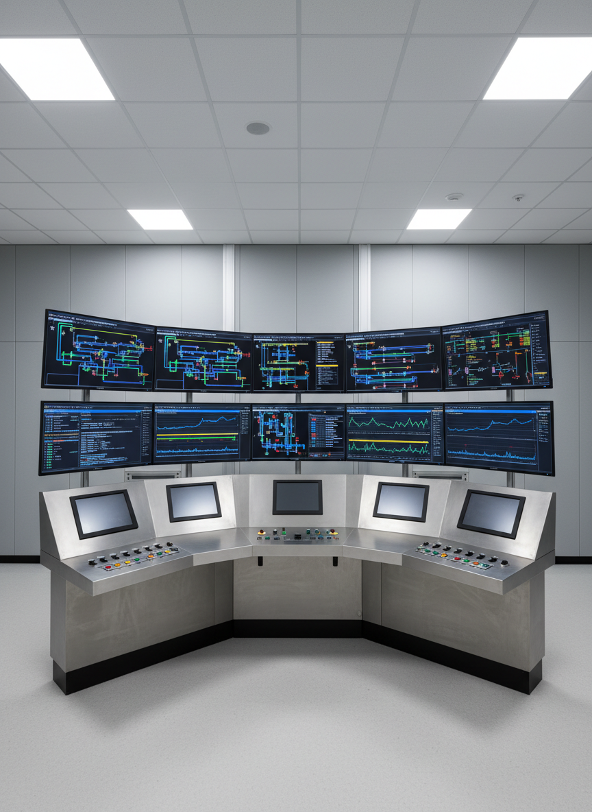 A panoramic interior of a modern chemical process plant control and supervision center, dominated by a curved console filled with multiple ultra-wide monitors displaying detailed P&ID schematics, real-time trend graphs, and alarm summary pages in a clean, consistent visual style. Below the screens, rugged industrial HMIs and labeled pushbuttons are embedded into a brushed metal desk surface. The space is framed by light grey acoustic wall panels and cable raceways disappearing cleanly into the floor. Soft, diffused overhead lighting creates a glare-free working environment, with subtle reflections on the monitor glass. Photographic realism with a low, slightly off-center camera angle emphasizing the sweep of the console, sharp focus and a composed, methodical atmosphere that communicates control, supervision, and high-level system integration.
