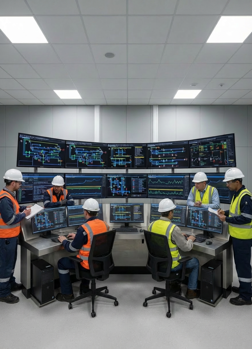 automazione industriale A panoramic interior of a modern chemical process plant control and supervision center, dominated by a curved console filled with multiple ultra-wide monitors displaying detailed P&ID schematics, real-time trend graphs, and alarm summary pages in a clean, consistent visual style. Below the screens, rugged industrial HMIs and labeled pushbuttons are embedded into a brushed metal desk surface. The space is framed by light grey acoustic wall panels and cable raceways disappearing cleanly into the floor. Soft, diffused overhead lighting creates a glare-free working environment, with subtle reflections on the monitor glass. Photographic realism with a low, slightly off-center camera angle emphasizing the sweep of the console, sharp focus and a composed, methodical atmosphere that communicates control, supervision, and high-level system integration.