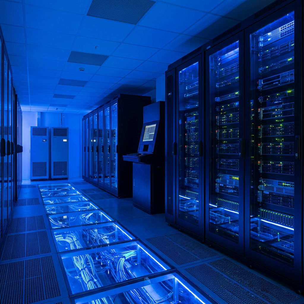 Modern server room with racks and blue lighting