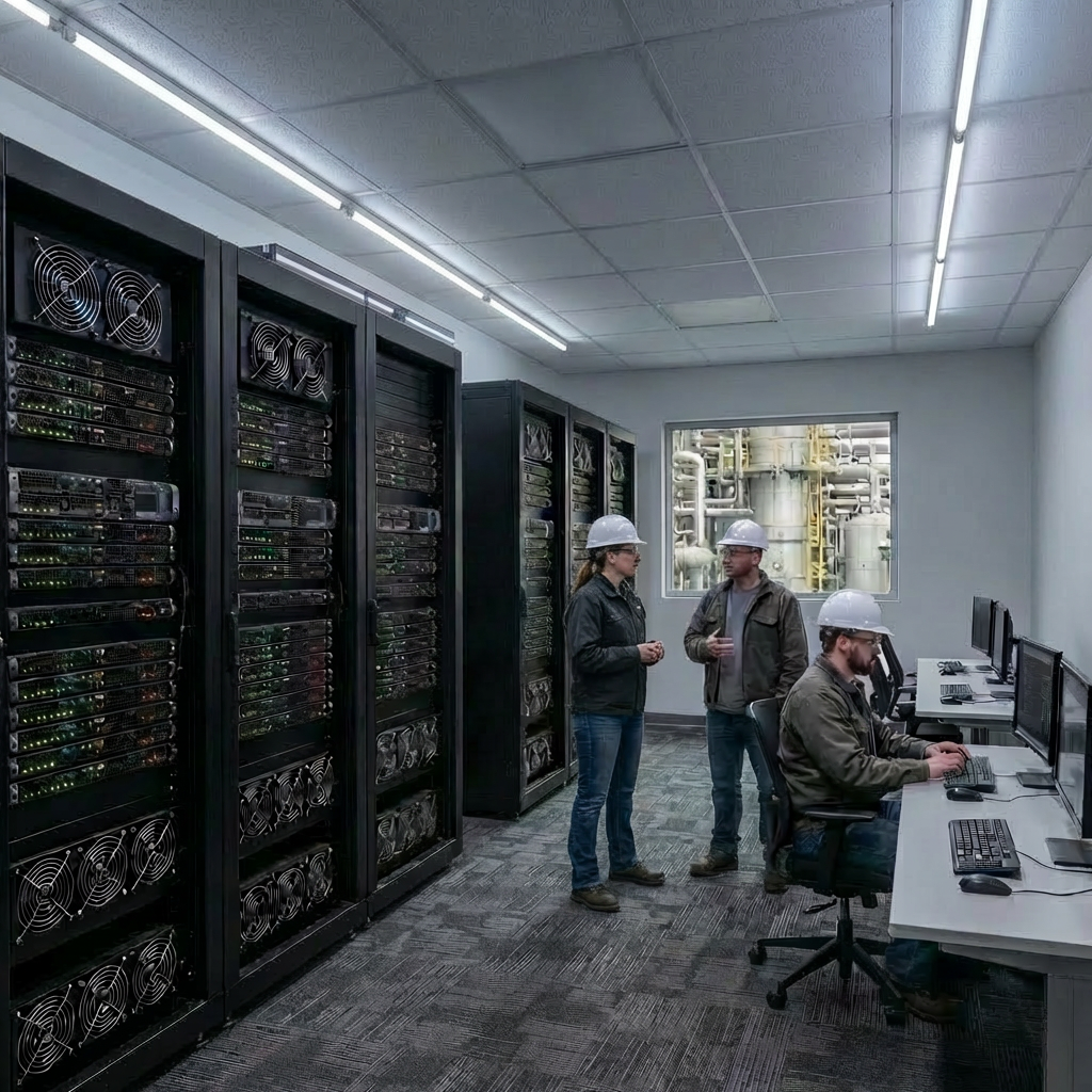 Technicians monitoring data servers and industrial systems in a refinery control room.